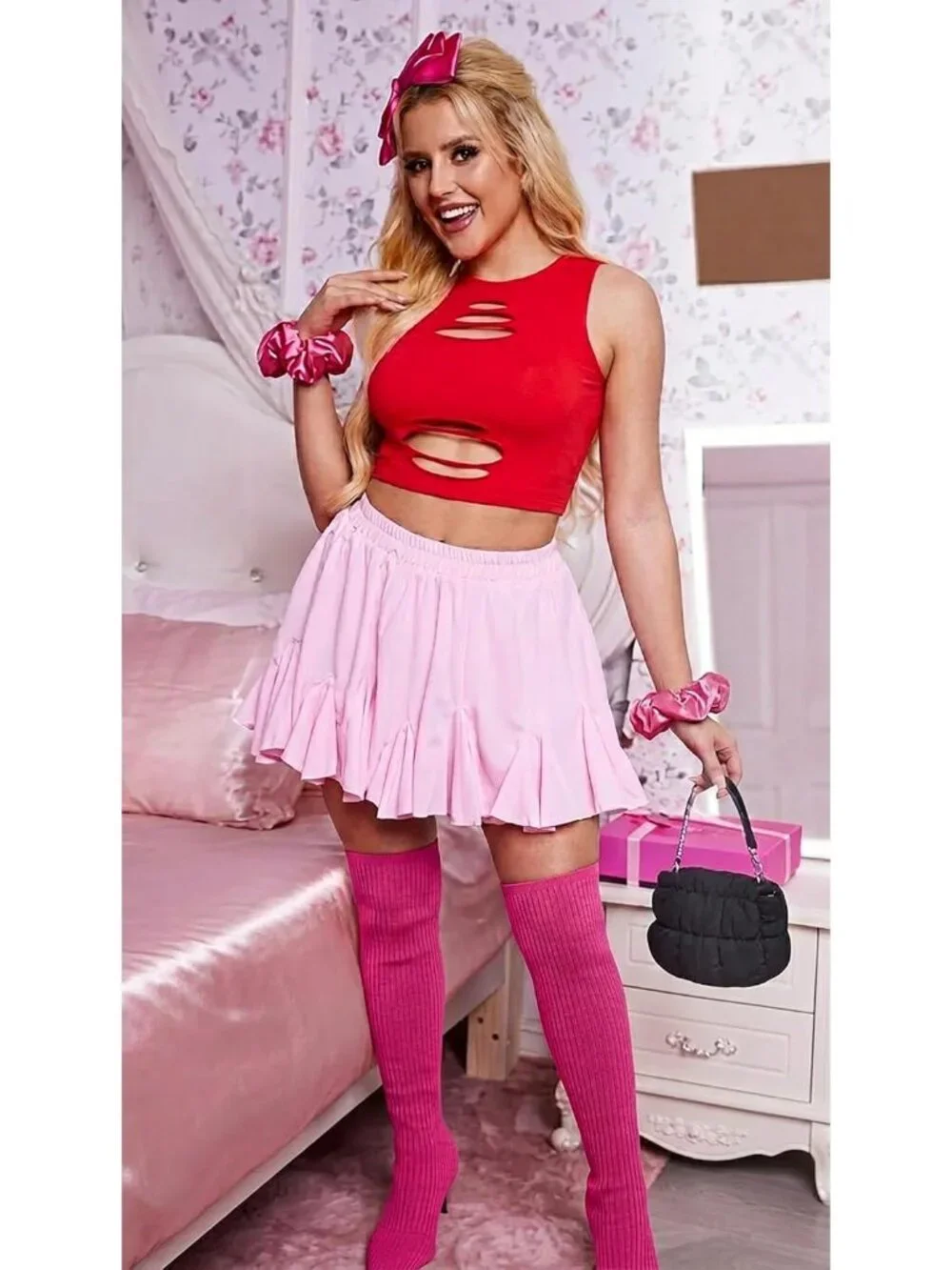 Women's Pink Pointed Toe Synthetic High Heel Stretch Over The Knee Knit Boots